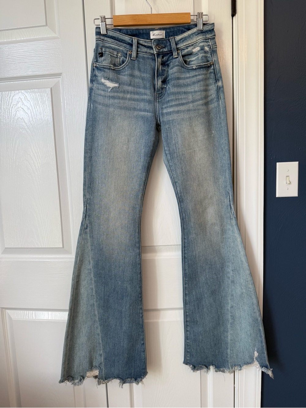 KanCan Distressed Flare Jeans Light Wash Raw Hem High Rise Denim
